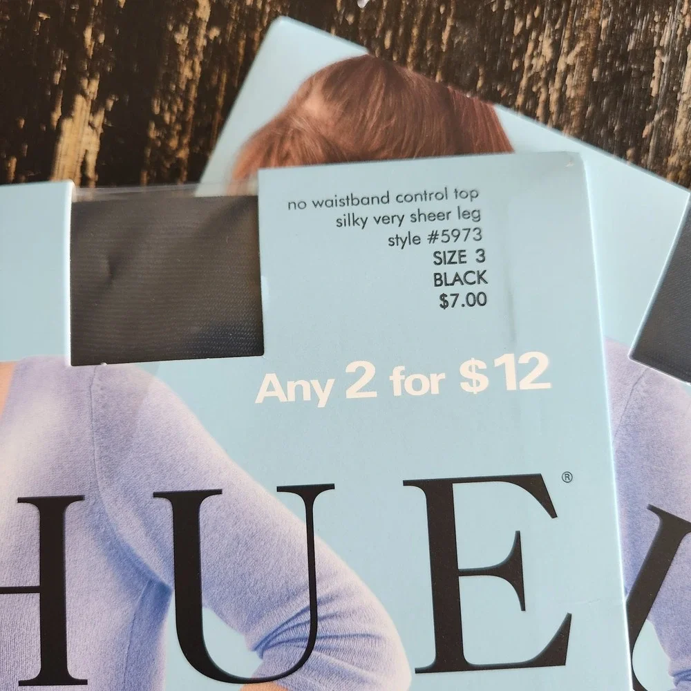 Lot of 3 HUE No‎ Waistband Control Top Sheer PANTYHOSE Black #5973 Size 3 NEW